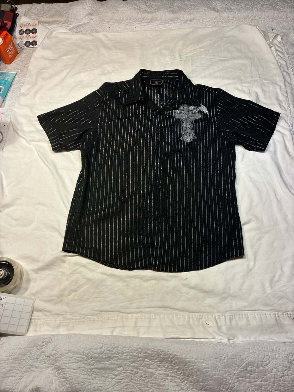 Meztizos Y2K Black Silver Pinstripe Winged Cross Button Up Shirt Size 2X